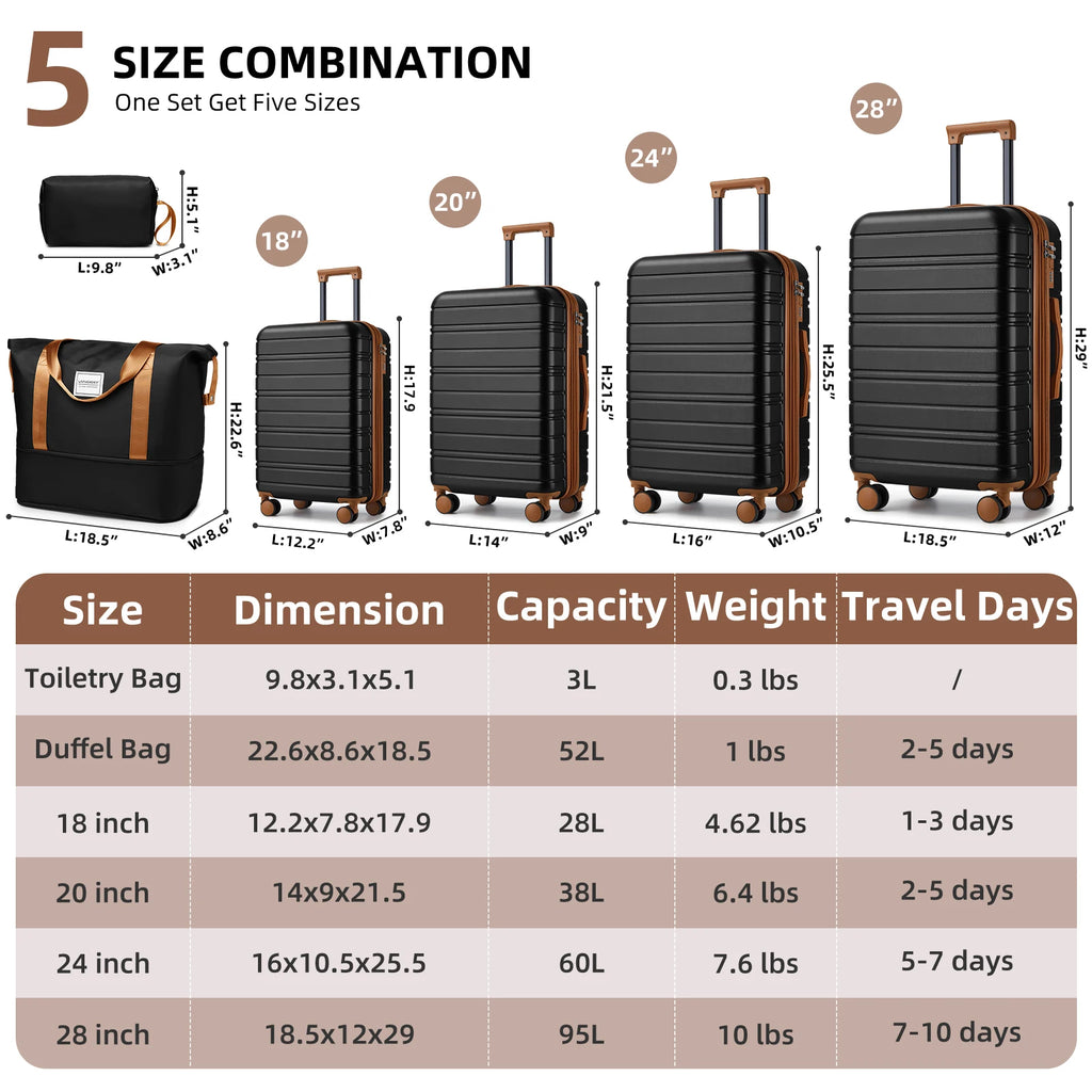 Sleek Hard Shell Black & Tan Luggage Sets - 6-Piece Spinner Suitcases with Matching Luggage Travel Bags for Business Travel