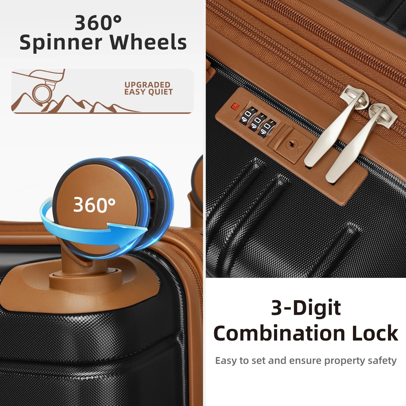 Sleek Hard Shell Black & Tan Luggage Sets - 6-Piece Spinner Suitcases with Matching Luggage Travel Bags for Business Travel