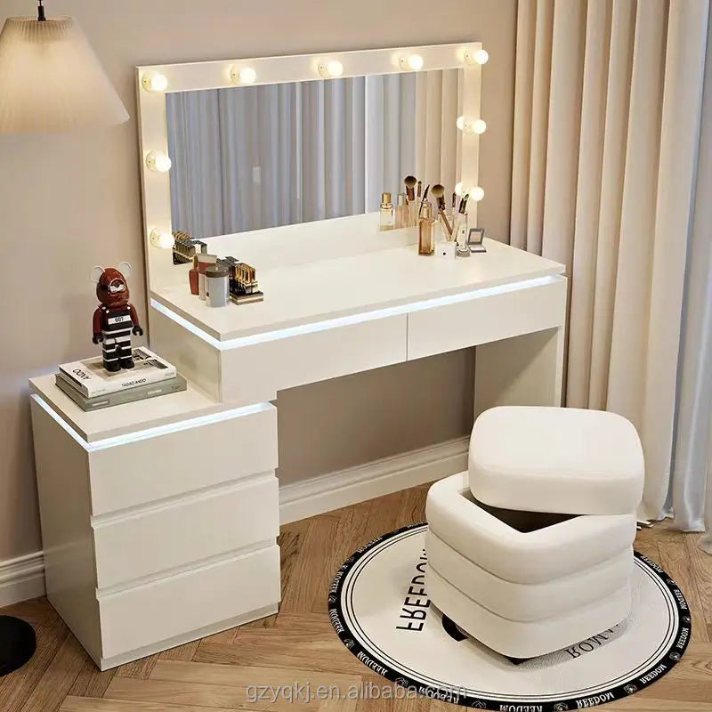 Modern Simple Bedroom Dressing Table with Atmosphere Light New Integrated Solid Wood Nightstand Storage Cabinet Makeup Vanities