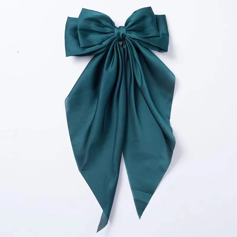Fashionable Solid Color Ribbon Bow Hair Clip Women's Elegant Long Satin Large Bow Spring Clip Girls' Hair Accessory Top Clips