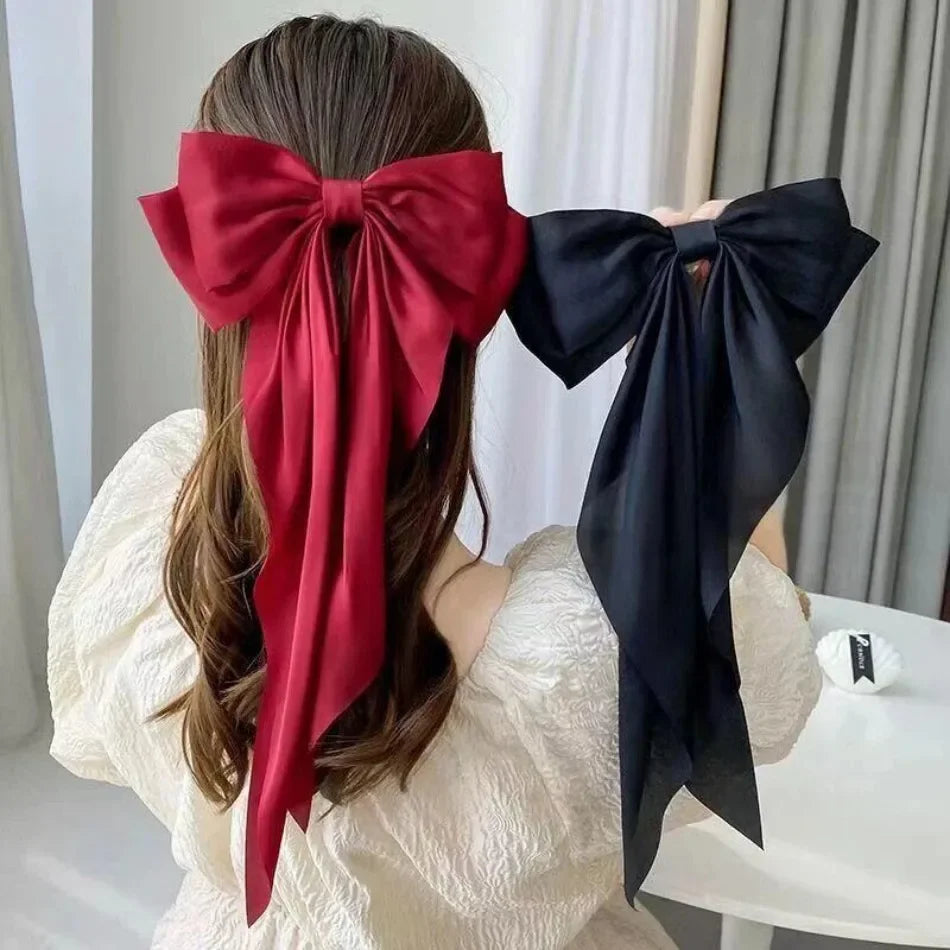 Fashionable Solid Color Ribbon Bow Hair Clip Women's Elegant Long Satin Large Bow Spring Clip Girls' Hair Accessory Top Clips