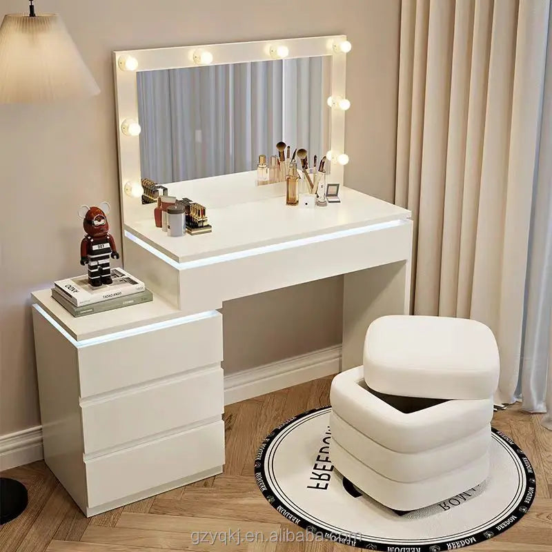 Modern Simple Bedroom Dressing Table with Atmosphere Light New Integrated Solid Wood Nightstand Storage Cabinet Makeup Vanities