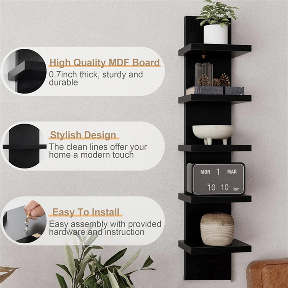 5 Tier Wall-Mounted Bookshelf PVC Floating Storage Rack Smooth-Pressboard Vertical Display Shelf for Living Room Bedroom Decor