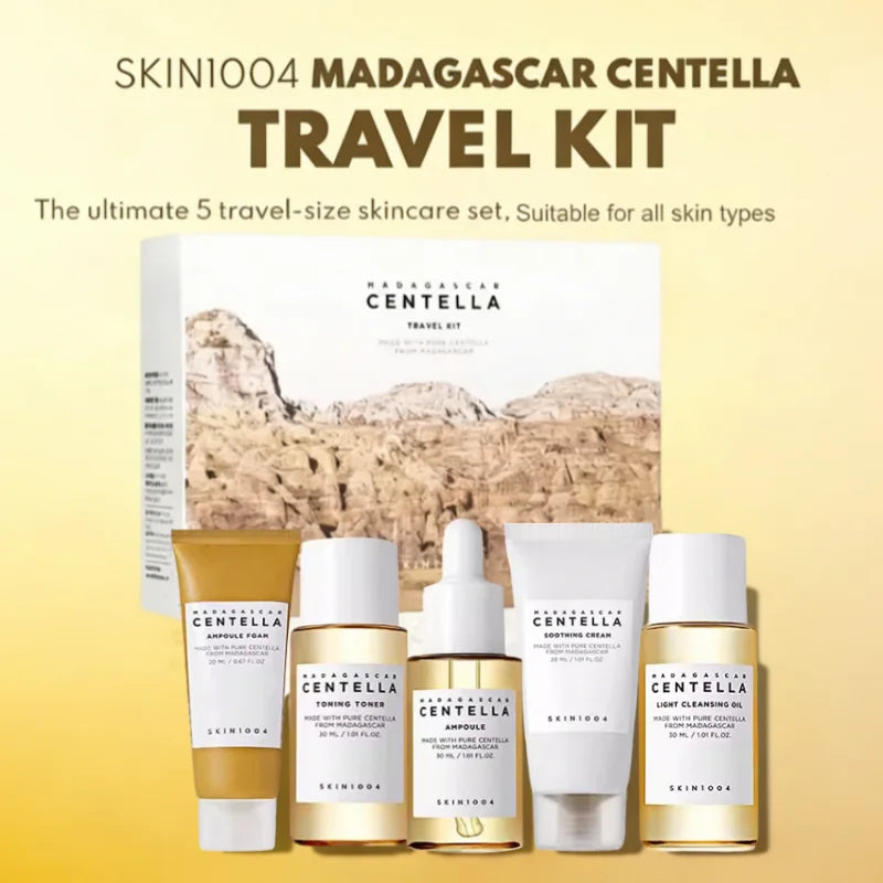 Korean Skin Care Centella Travel Kit Toner, Ampoule, Soothing Cream, Cleansing Oil, Foam, Basic Skincare Box 5pcs Set Gift Set
