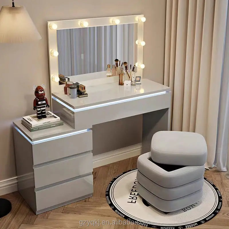 Modern Simple Bedroom Dressing Table with Atmosphere Light New Integrated Solid Wood Nightstand Storage Cabinet Makeup Vanities