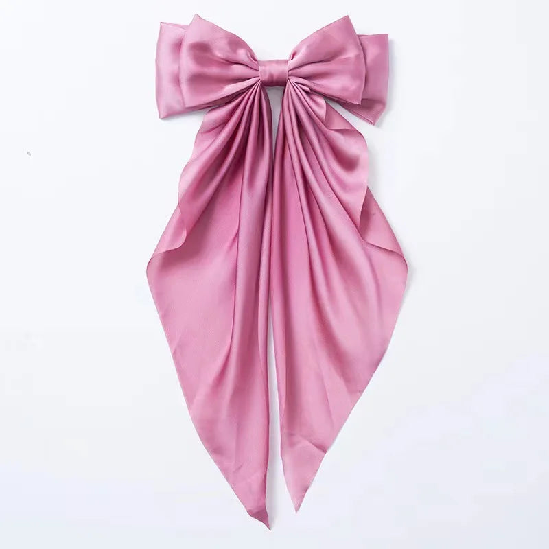 Fashionable Solid Color Ribbon Bow Hair Clip Women's Elegant Long Satin Large Bow Spring Clip Girls' Hair Accessory Top Clips