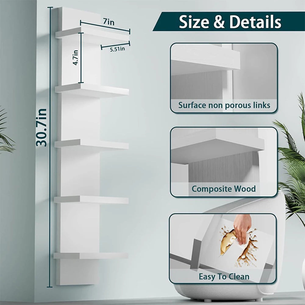 5 Tier Wall-Mounted Bookshelf PVC Floating Storage Rack Smooth-Pressboard Vertical Display Shelf for Living Room Bedroom Decor