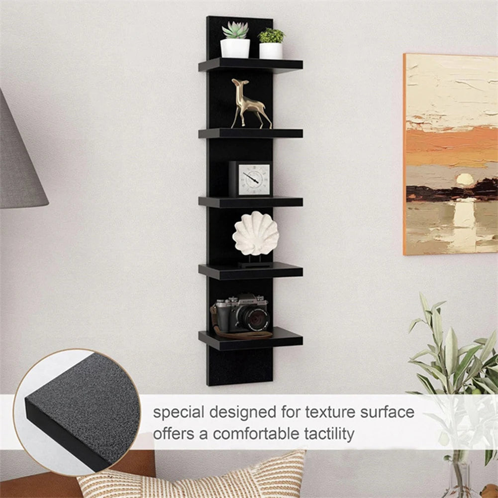 5 Tier Wall-Mounted Bookshelf PVC Floating Storage Rack Smooth-Pressboard Vertical Display Shelf for Living Room Bedroom Decor