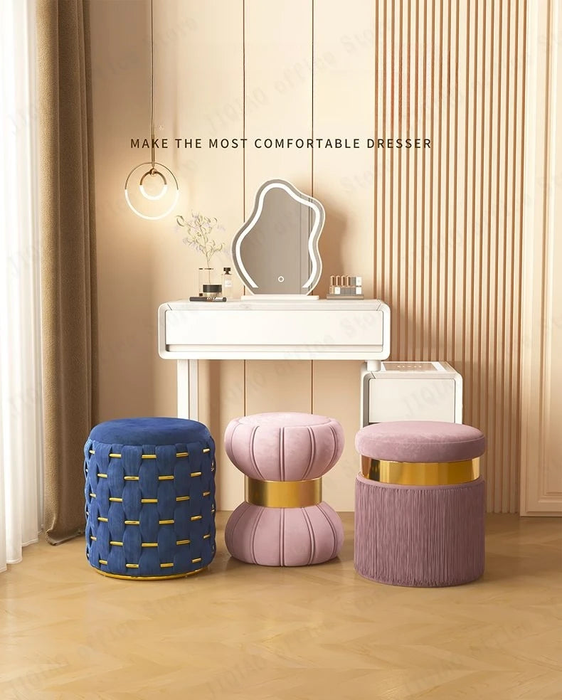 Dressing Table Stool Luxury Modern Woman Minimalist Pink Makeup Stool Princess Stool, Design Sense Round Sofa Stool