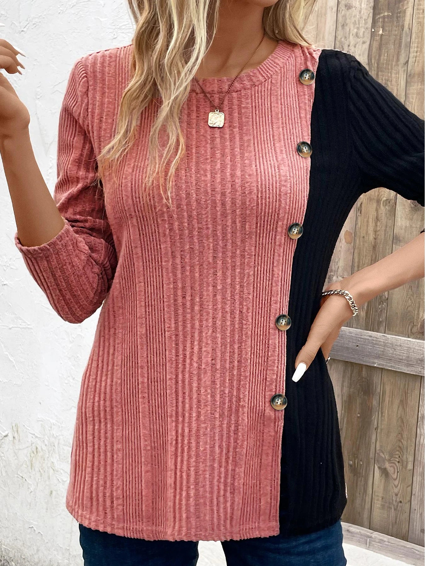 Ribbed Colorblock Button Decor T-Shirt，Casual Long Sleeve Top For Spring & Fall，Women's Clothing
