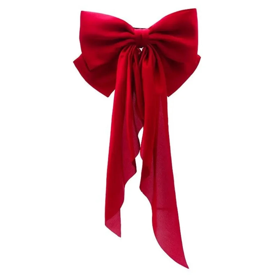 Fashionable Solid Color Ribbon Bow Hair Clip Women's Elegant Long Satin Large Bow Spring Clip Girls' Hair Accessory Top Clips