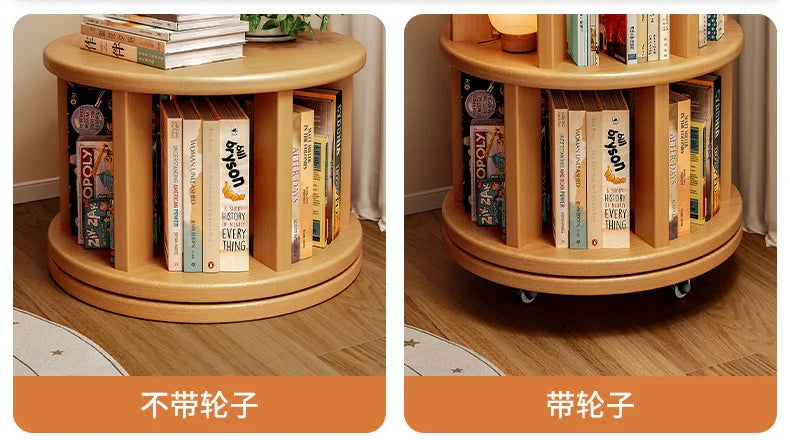 Solid wood rotating bookshelf 360 degree floor-standing bookcase storage rack movable corner children's small narrow cabinet