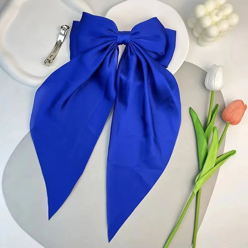 Fashionable Solid Color Ribbon Bow Hair Clip Women's Elegant Long Satin Large Bow Spring Clip Girls' Hair Accessory Top Clips
