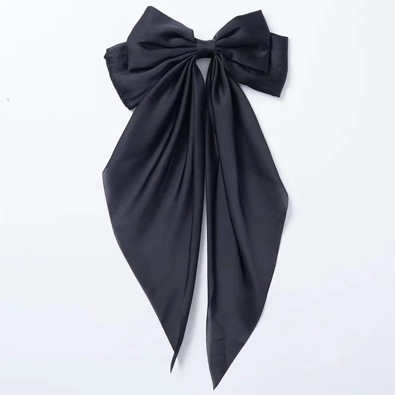 Fashionable Solid Color Ribbon Bow Hair Clip Women's Elegant Long Satin Large Bow Spring Clip Girls' Hair Accessory Top Clips