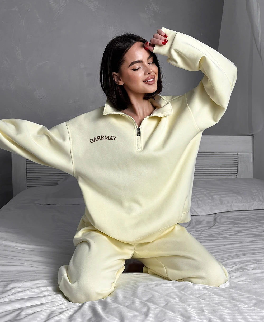 Spring Women's Tracksuit with Zipper Cotton Oversize Classic Pink  Two Piece Set Women Casual  Yellow Trouser Suits for Women