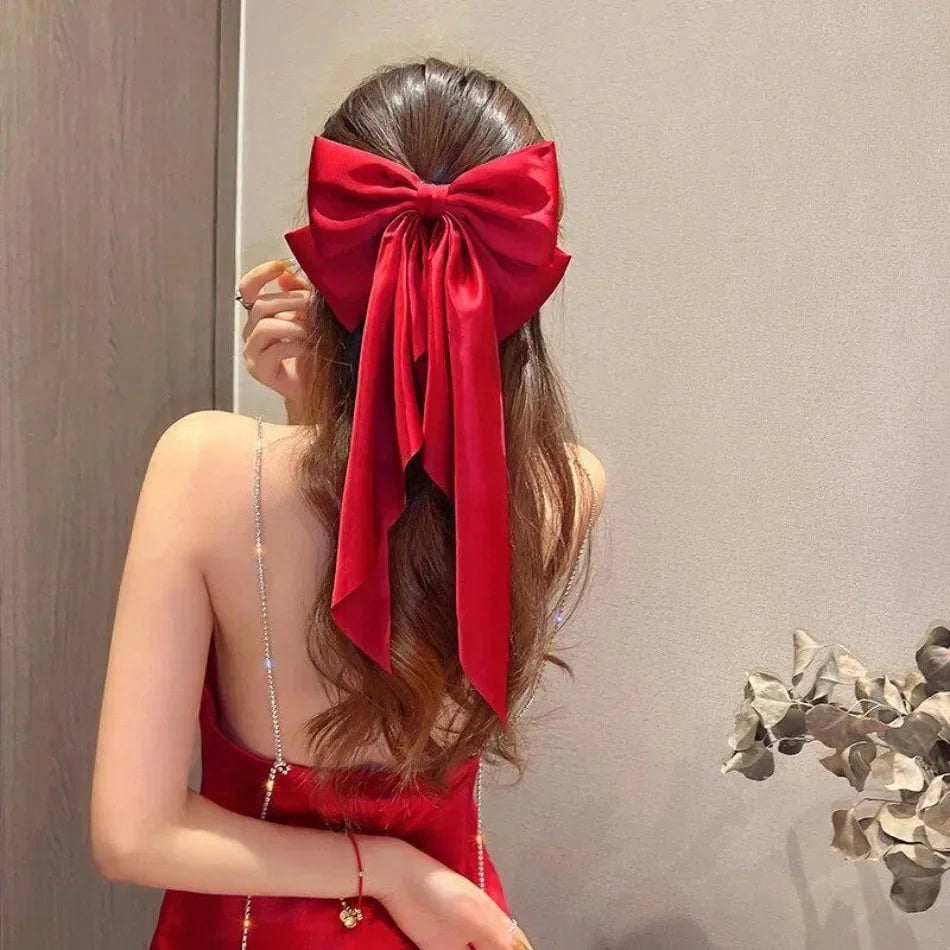 Fashionable Solid Color Ribbon Bow Hair Clip Women's Elegant Long Satin Large Bow Spring Clip Girls' Hair Accessory Top Clips