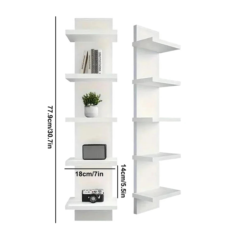 5 Tier Wall-Mounted Bookshelf PVC Floating Storage Rack Smooth-Pressboard Vertical Display Shelf for Living Room Bedroom Decor