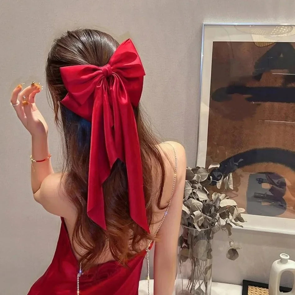 Fashionable Solid Color Ribbon Bow Hair Clip Women's Elegant Long Satin Large Bow Spring Clip Girls' Hair Accessory Top Clips