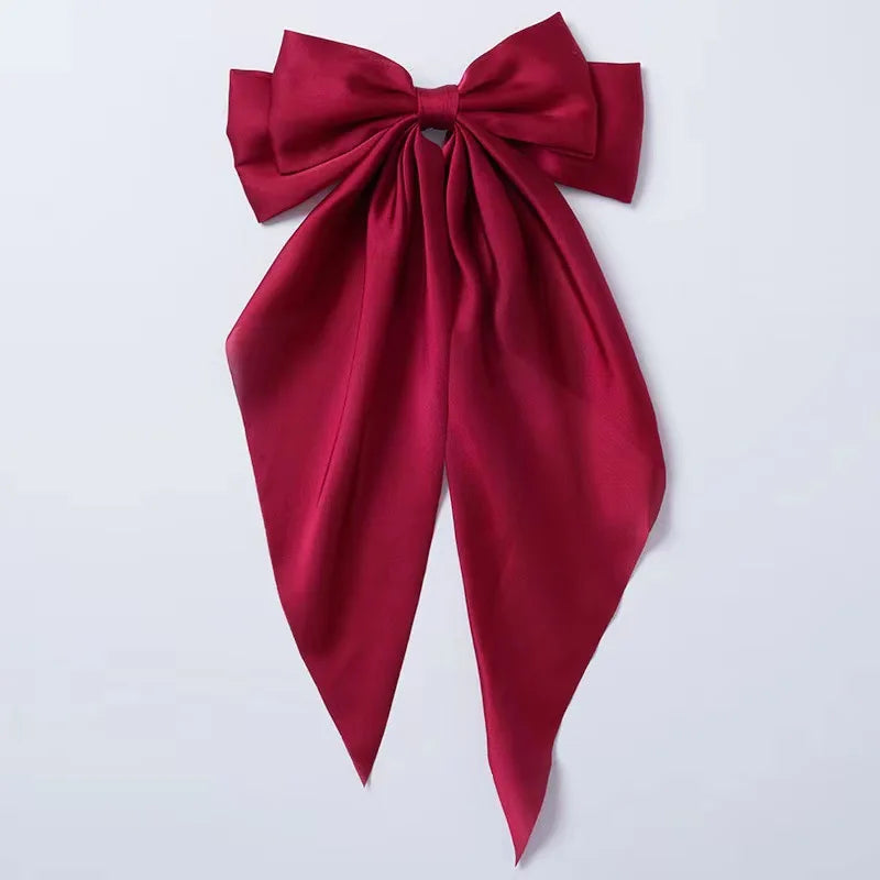 Fashionable Solid Color Ribbon Bow Hair Clip Women's Elegant Long Satin Large Bow Spring Clip Girls' Hair Accessory Top Clips