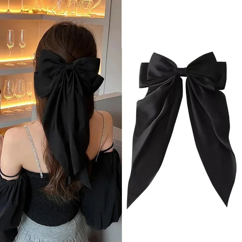 Fashionable Solid Color Ribbon Bow Hair Clip Women's Elegant Long Satin Large Bow Spring Clip Girls' Hair Accessory Top Clips