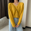 Women's Long Sleeve Cropped Cardigan V Neck Button Down Knit Lady Autumn Spring Knitted Single-breasted Cardigan Sweaters