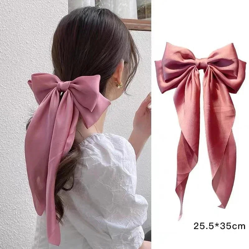Fashionable Solid Color Ribbon Bow Hair Clip Women's Elegant Long Satin Large Bow Spring Clip Girls' Hair Accessory Top Clips