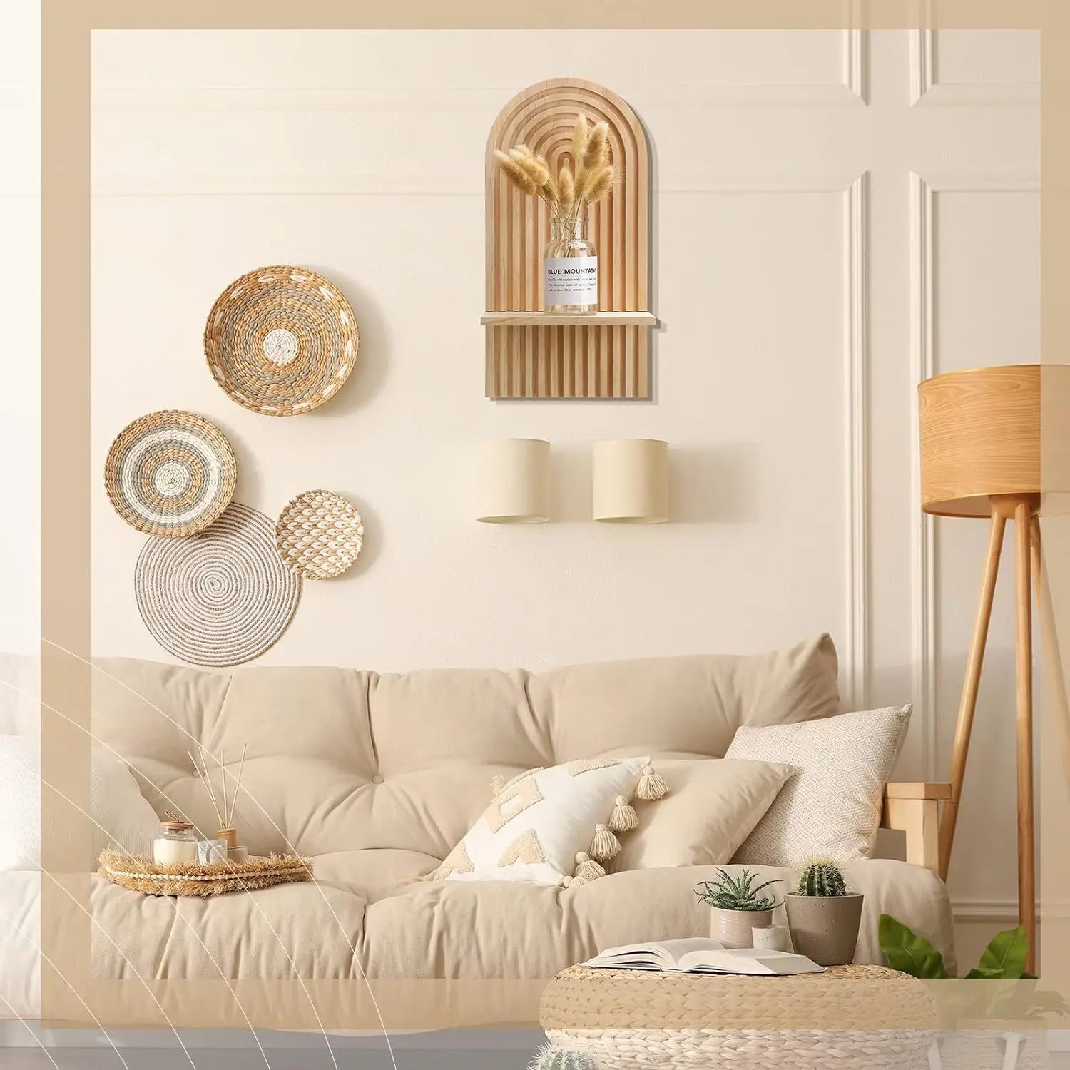 Boho Wooden Shelves for Wall Decorative Book Floating Wall Shelf for Living Room Bathroom Bedroom Classroom Office Nursery Home