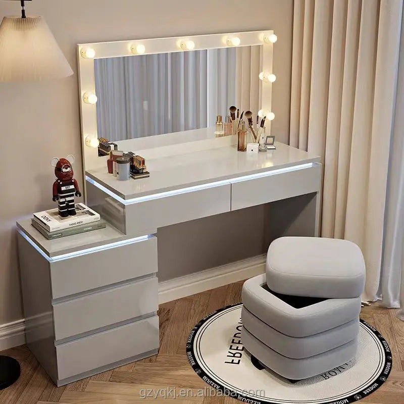 Modern Simple Bedroom Dressing Table with Atmosphere Light New Integrated Solid Wood Nightstand Storage Cabinet Makeup Vanities