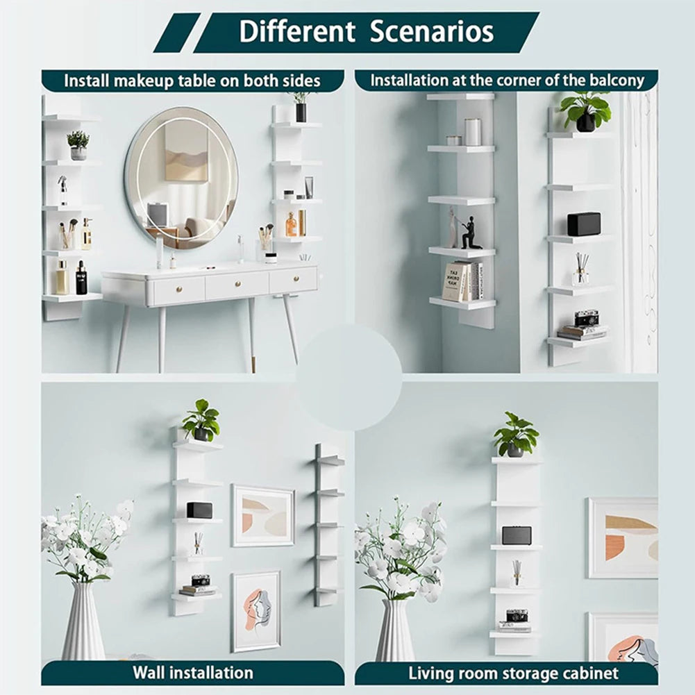 5 Tier Wall-Mounted Bookshelf PVC Floating Storage Rack Smooth-Pressboard Vertical Display Shelf for Living Room Bedroom Decor