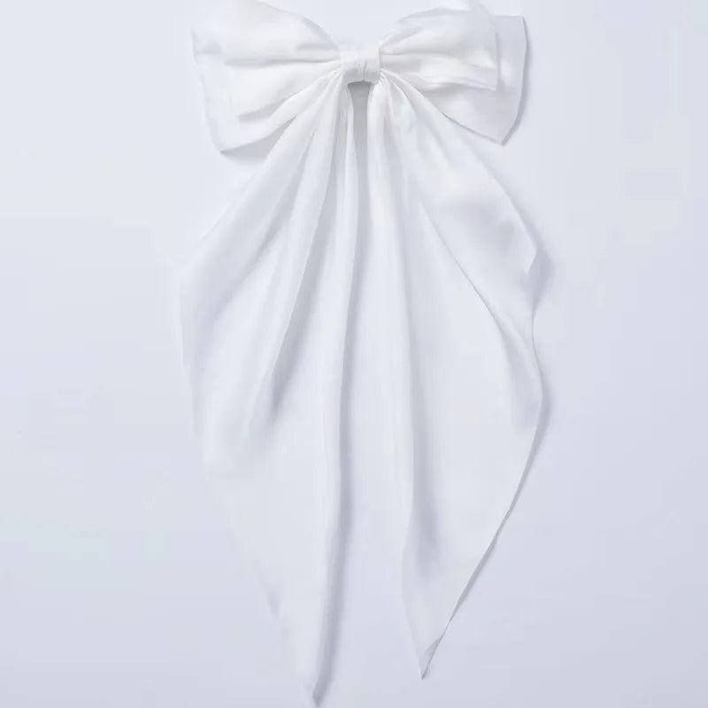 Fashionable Solid Color Ribbon Bow Hair Clip Women's Elegant Long Satin Large Bow Spring Clip Girls' Hair Accessory Top Clips