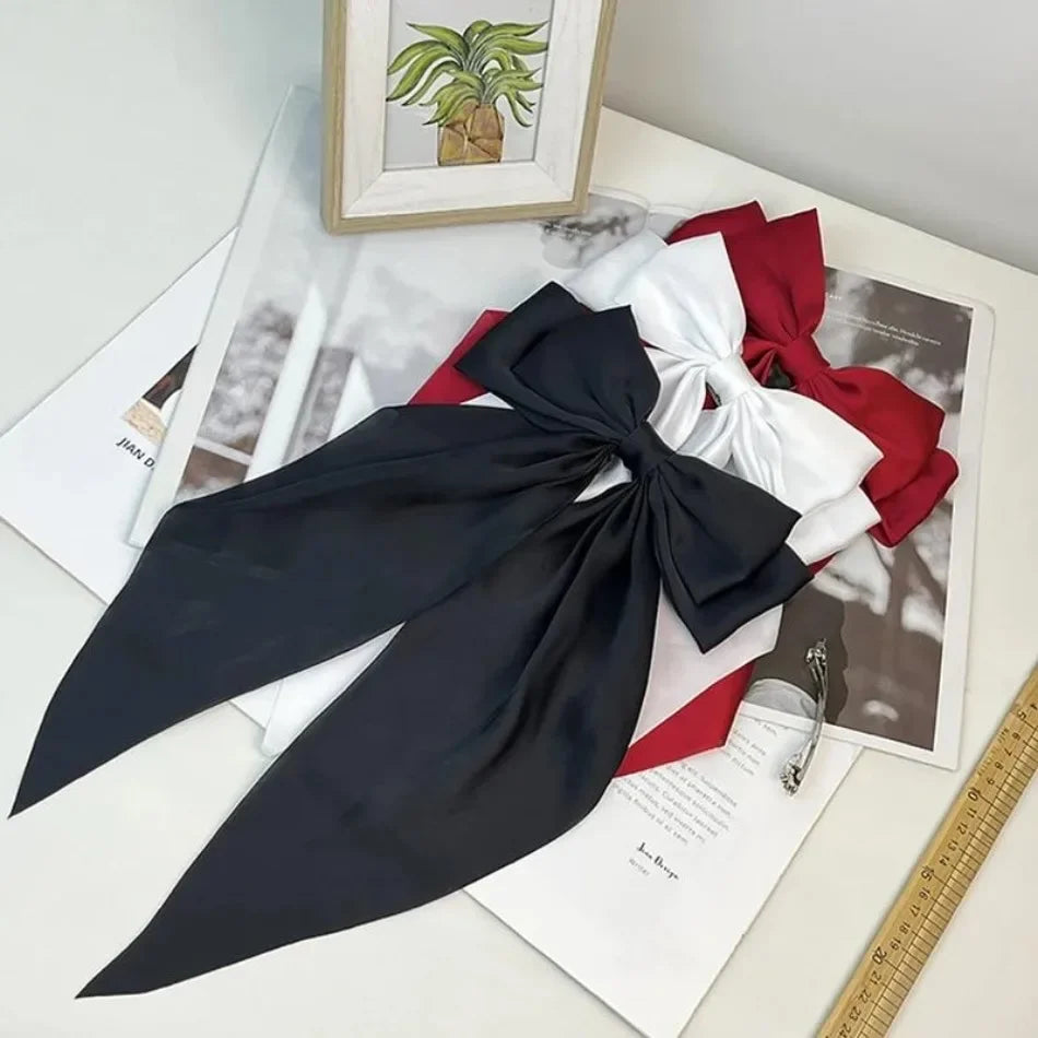 Fashionable Solid Color Ribbon Bow Hair Clip Women's Elegant Long Satin Large Bow Spring Clip Girls' Hair Accessory Top Clips